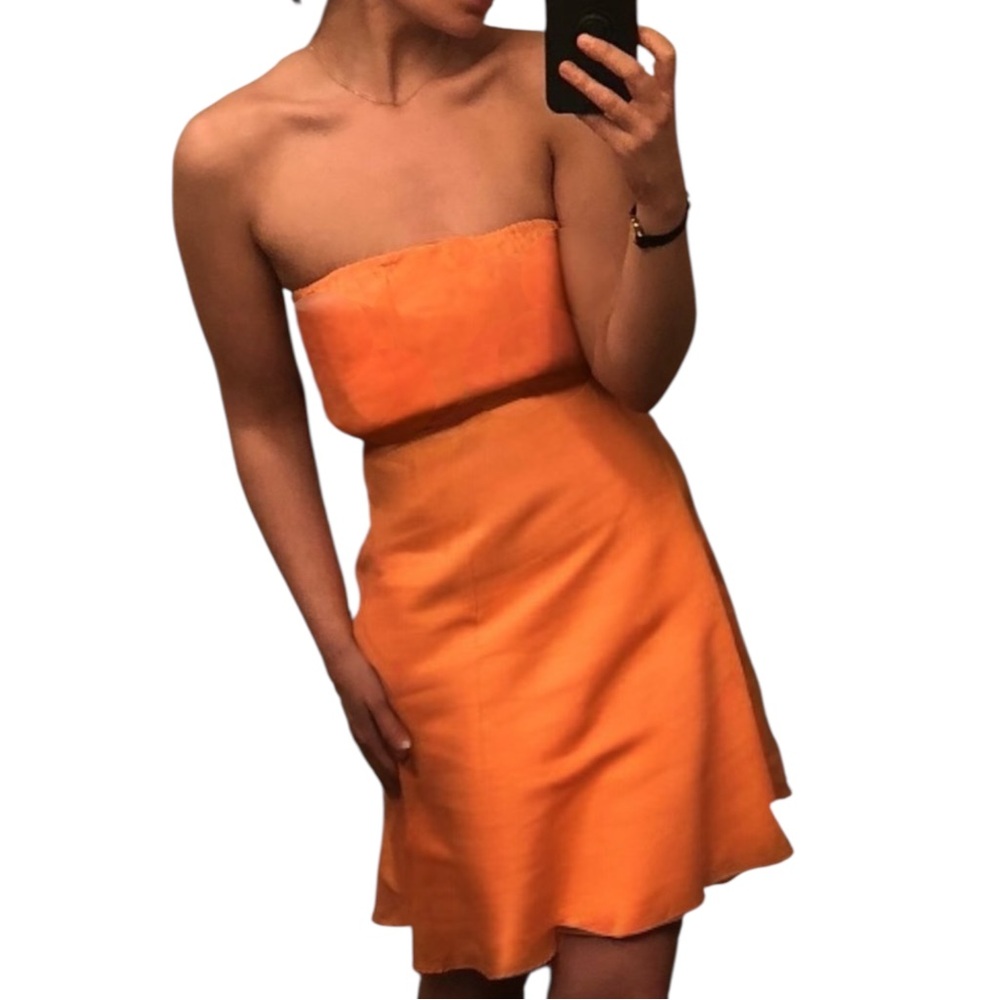 VTG SHAREEN AGAIN Reworked Vintage Silk Fabric Peach Strapless Tube Midi Dress - Picture 14 of 16